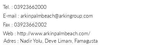 Arkn Palm Beach telefon numaralar, faks, e-mail, posta adresi ve iletiim bilgileri